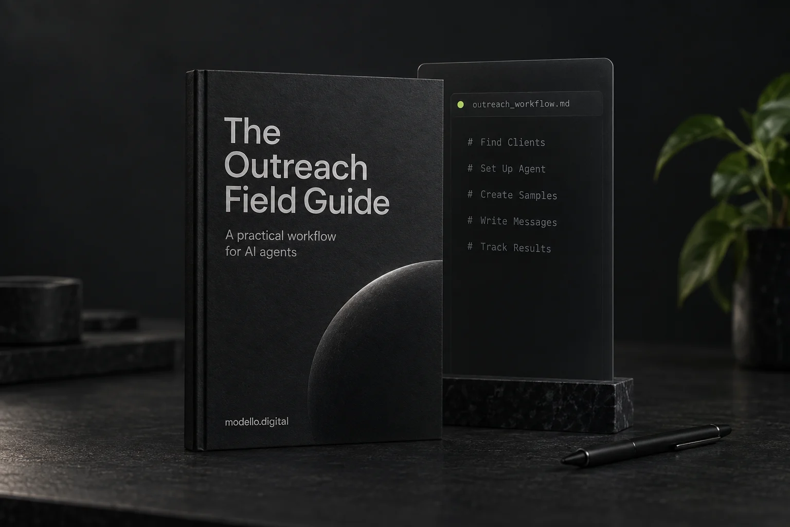 The Outreach Field Guide alongside its Markdown workflow, presented on a dark desk.
